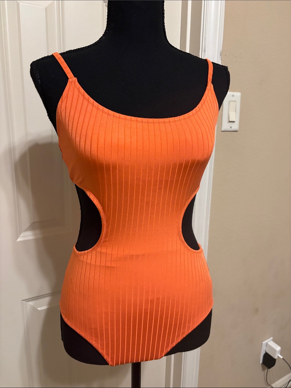 aerie Orange Ribbed Cutout One-Piece Swimsuit